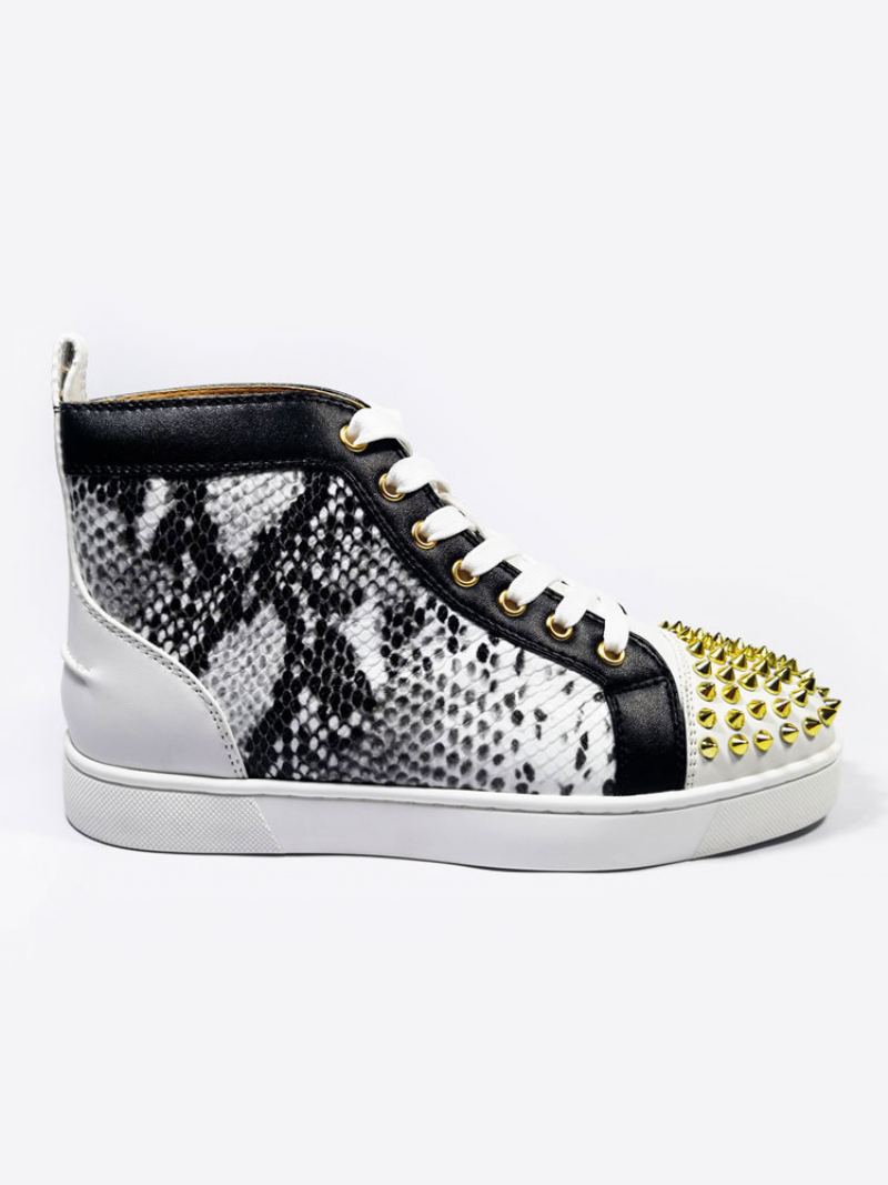 Herre Sort Slangeskinn High Top Sneakers Skateboard Sko Med Nagler - Svart