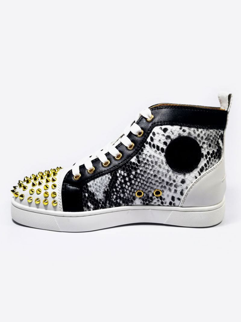 Herre Sort Slangeskinn High Top Sneakers Skateboard Sko Med Nagler - Svart