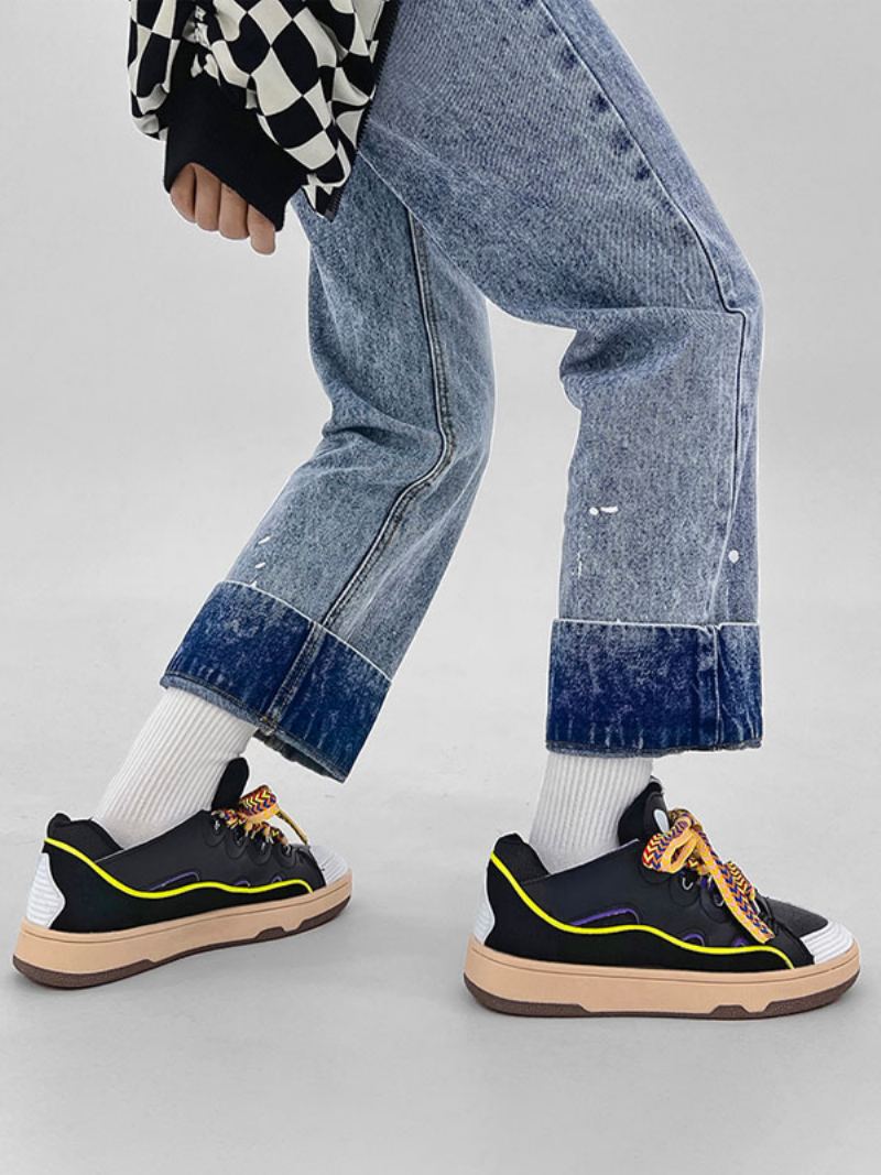 Sneakers For Menn Cozy Color Block Pu Skinn Rund Tå - Svart