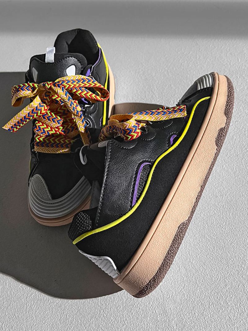 Sneakers For Menn Cozy Color Block Pu Skinn Rund Tå - Svart