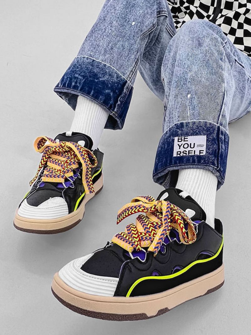 Sneakers For Menn Cozy Color Block Pu Skinn Rund Tå - Svart