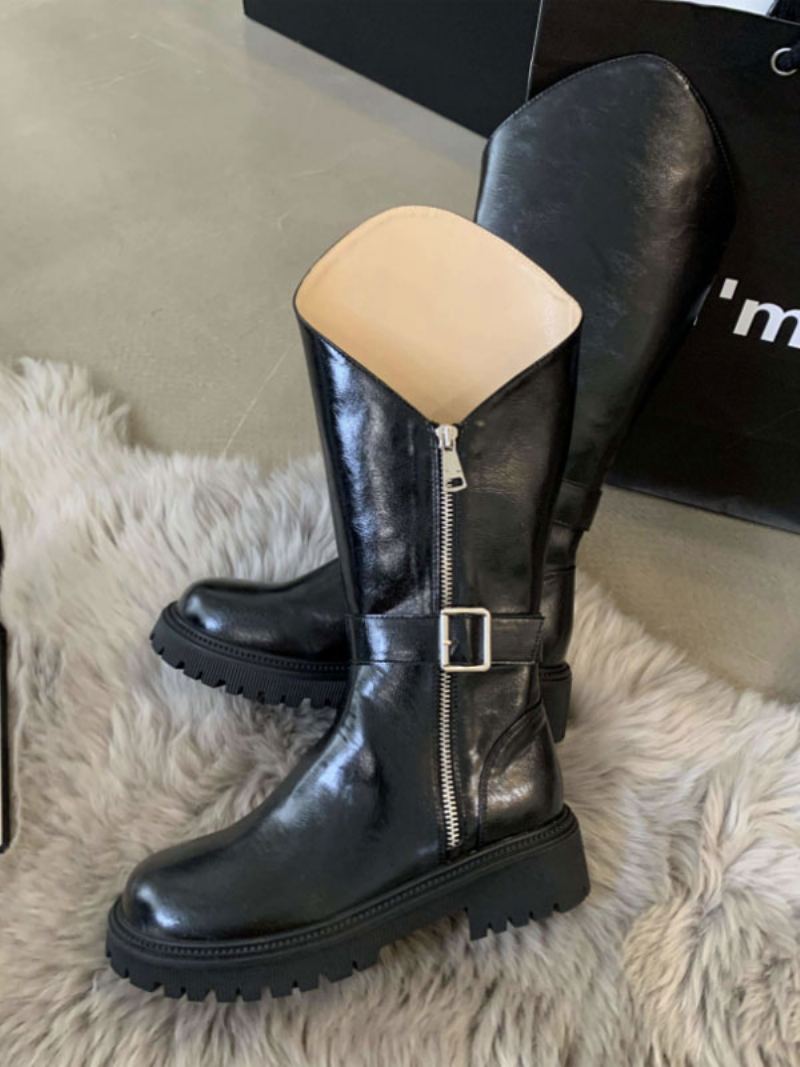 Black Flat Boots Damespenne Rund Toe Mid Kalv Støvler