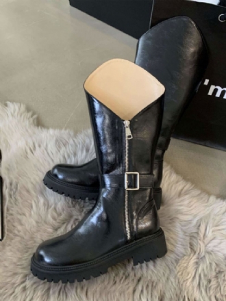 Black Flat Boots Damespenne Rund Toe Mid Kalv Støvler