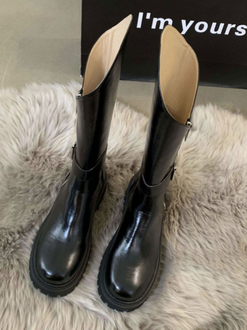 Black Flat Boots Damespenne Rund Toe Mid Kalv Støvler - Sort