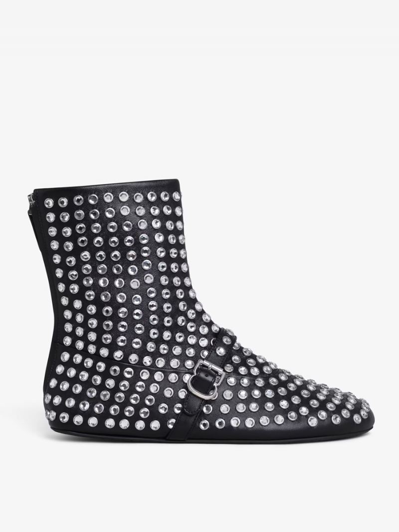 Dame Ankelstøvletter Black Rhinestones Booties Flate Festsko - Svart