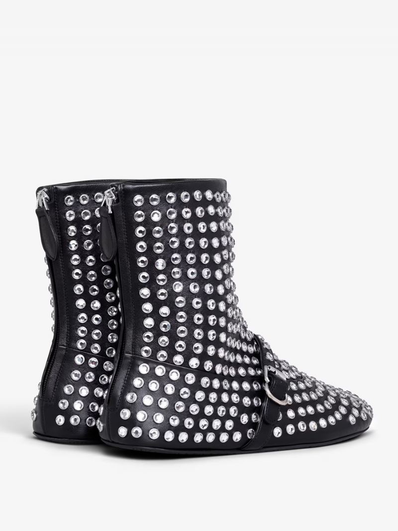 Dame Ankelstøvletter Black Rhinestones Booties Flate Festsko - Svart