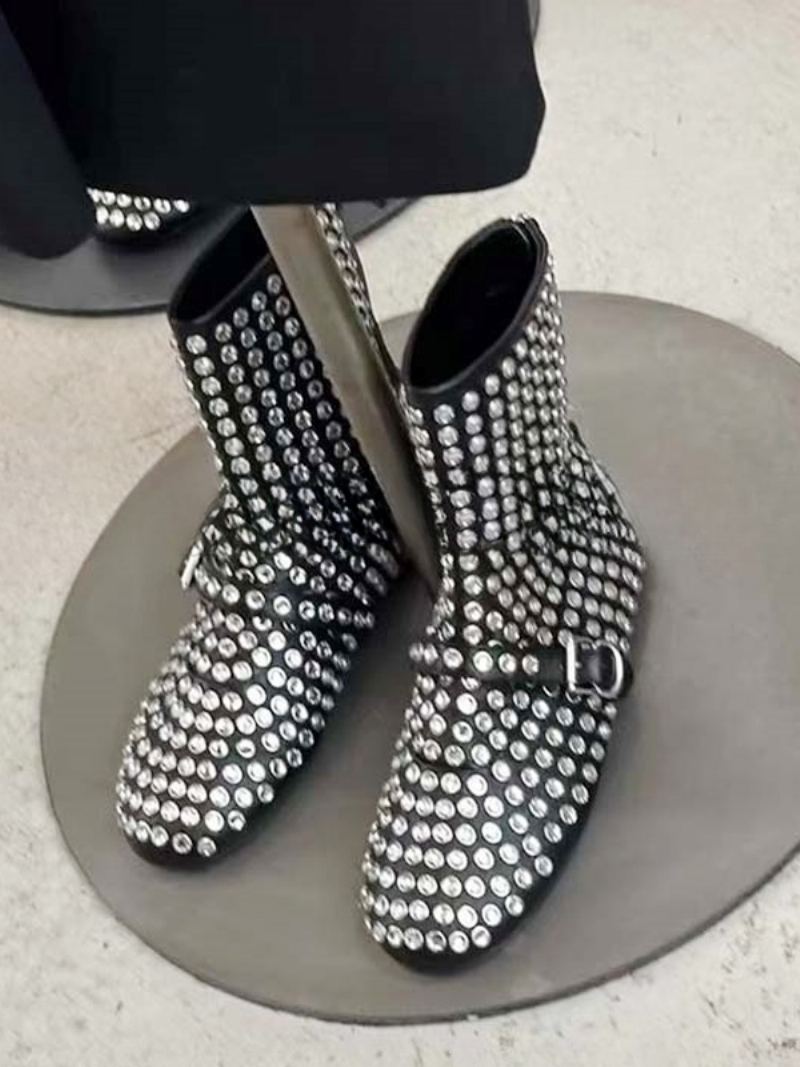 Dame Ankelstøvletter Black Rhinestones Booties Flate Festsko - Svart