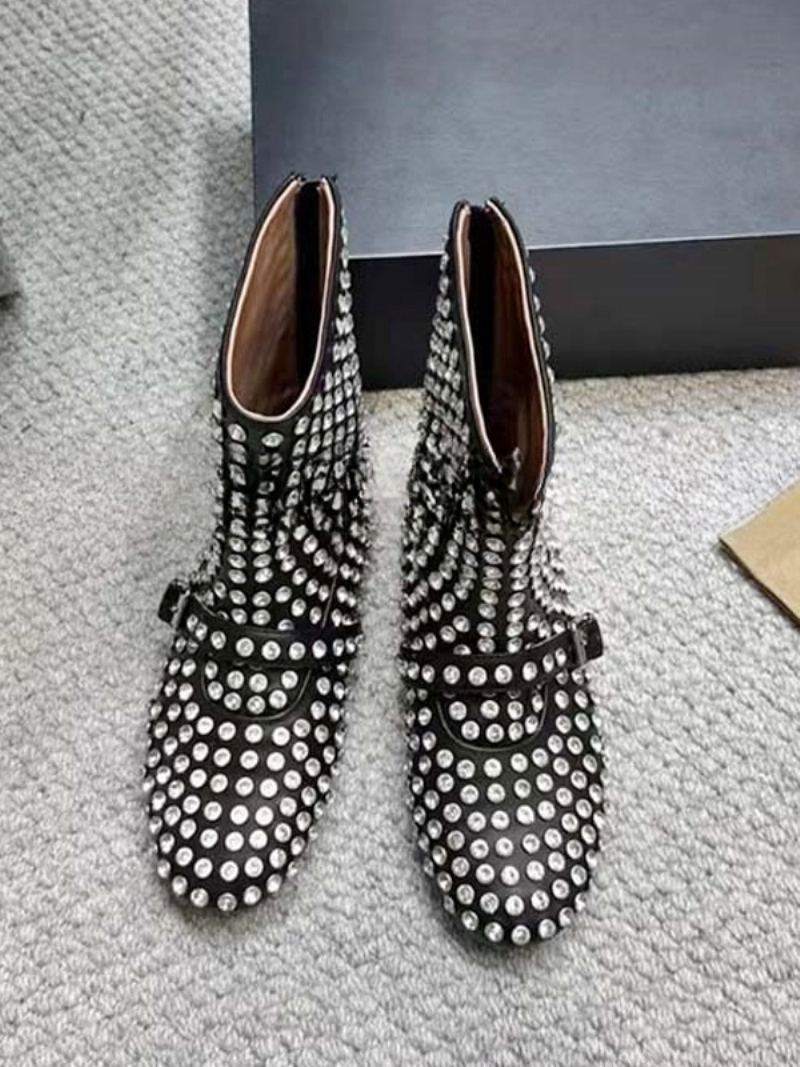 Dame Ankelstøvletter Black Rhinestones Booties Flate Festsko - Svart