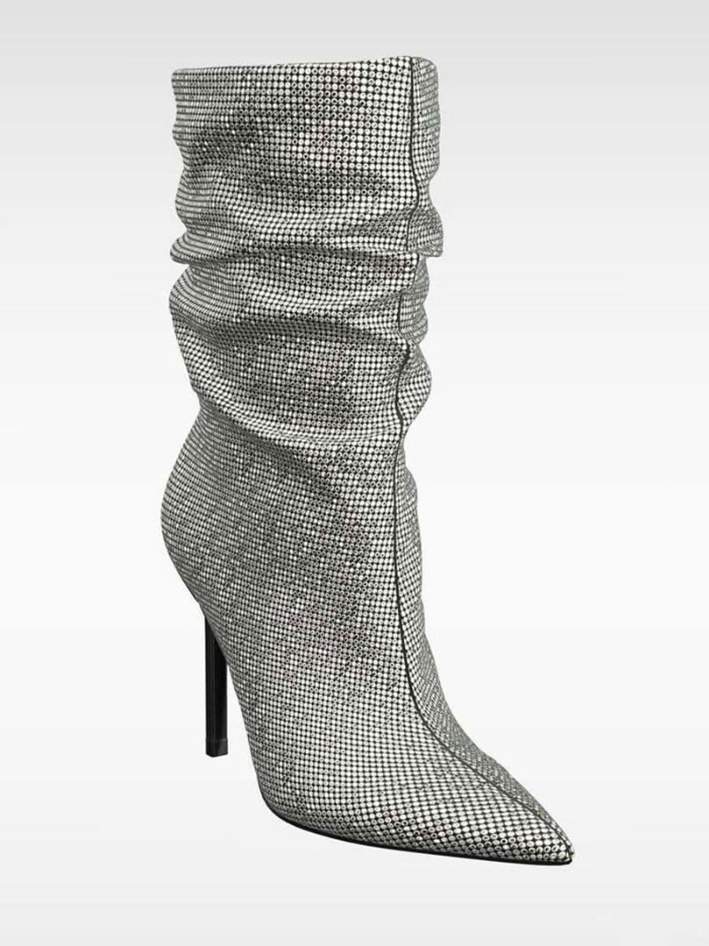 Dame Ankelstøvletter Rhinestones Spiss Tå Stiletthæl Slouch Boots - Sølv