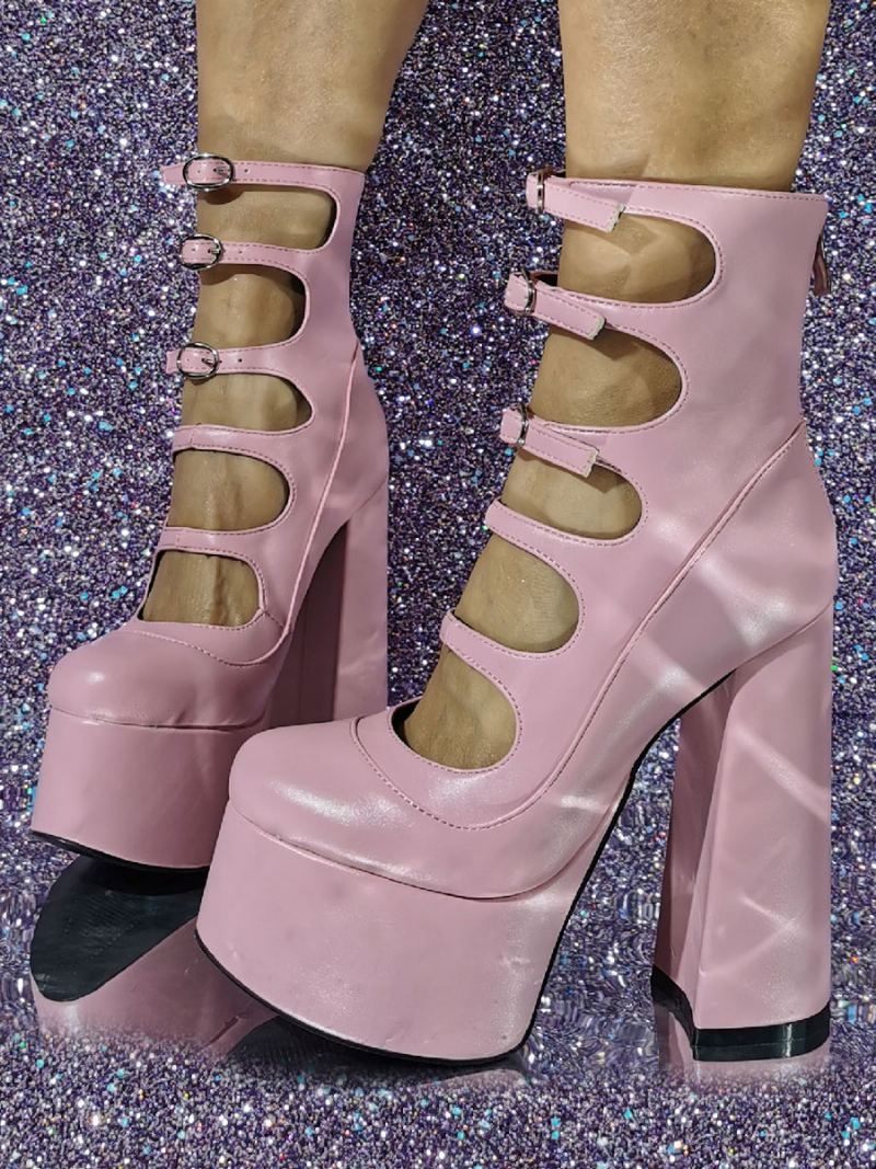 Dame Ankelstøvletter Rød Tykk Hæl Plattform Cut Out Spenne Detalj Sandal Booties - Rosa