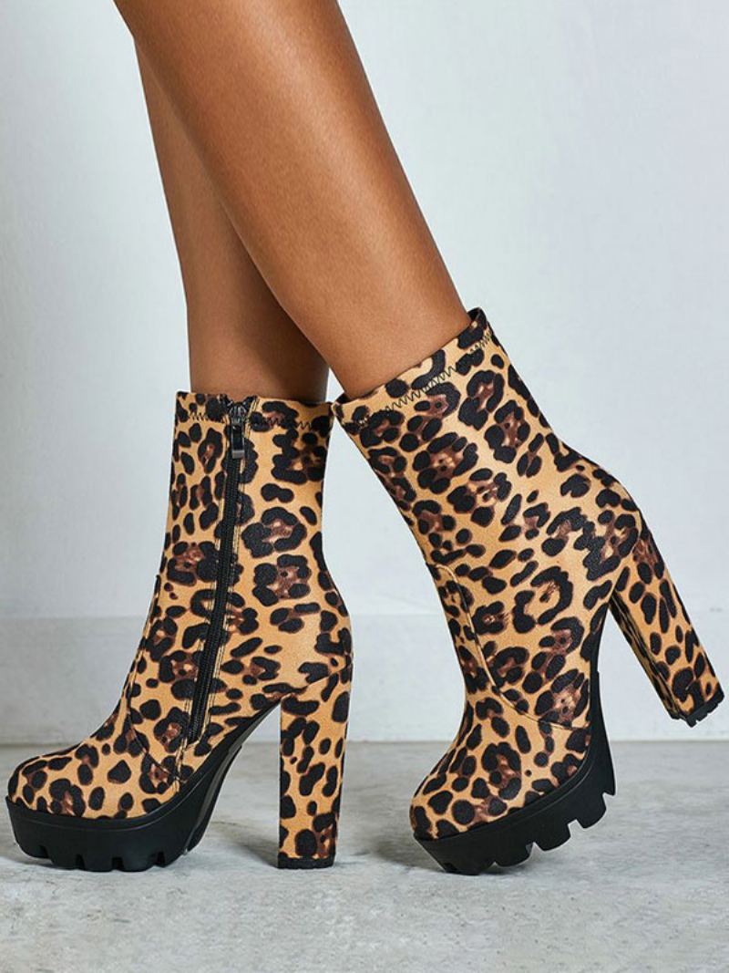 Dame Ankelstøvletter Svart Micro Semsket Rund Toe Chunky Heel High Booties - Leopard