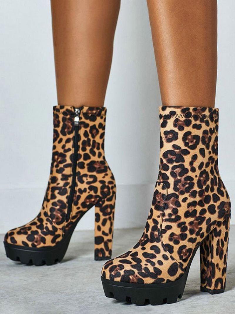 Dame Ankelstøvletter Svart Micro Semsket Rund Toe Chunky Heel High Booties - Leopard