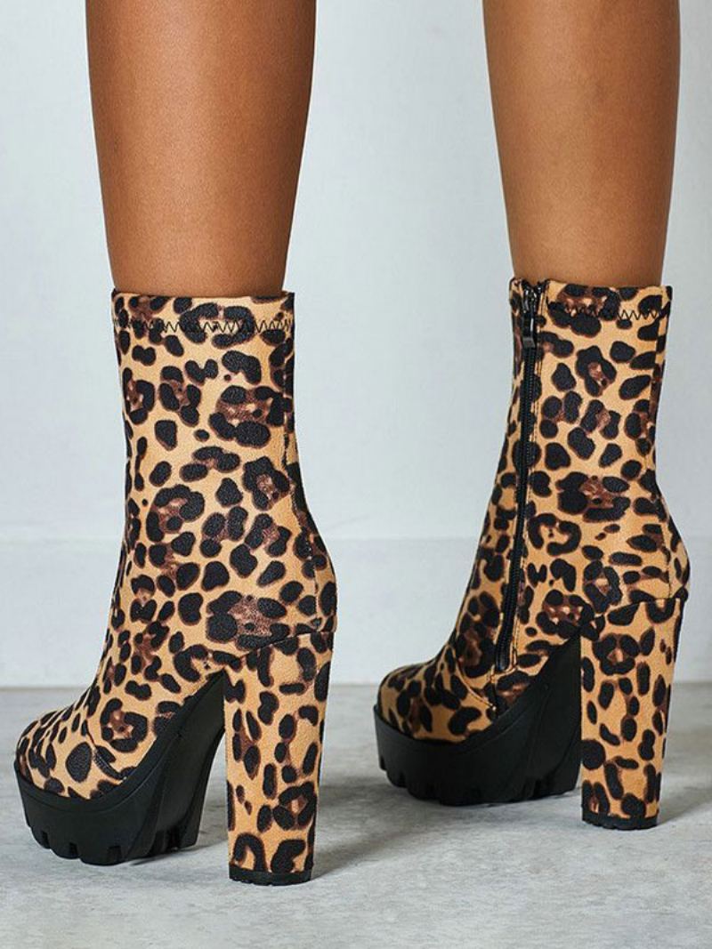 Dame Ankelstøvletter Svart Micro Semsket Rund Toe Chunky Heel High Booties - Leopard