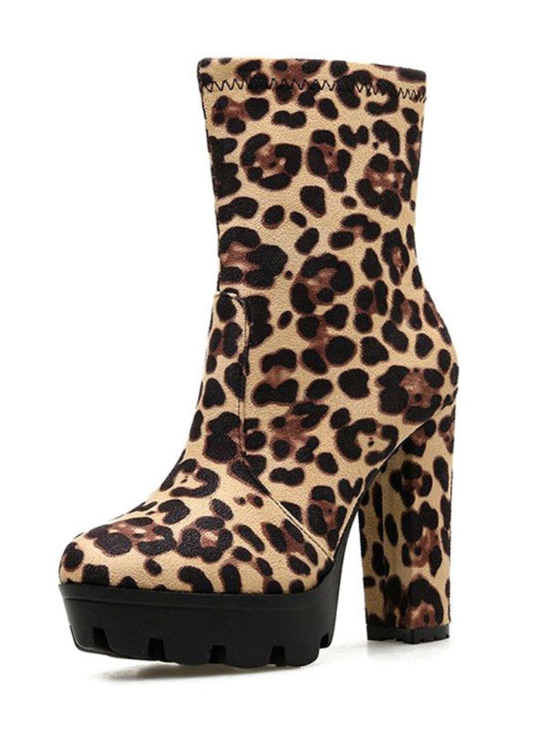 Dame Ankelstøvletter Svart Micro Semsket Rund Toe Chunky Heel High Booties - Leopard