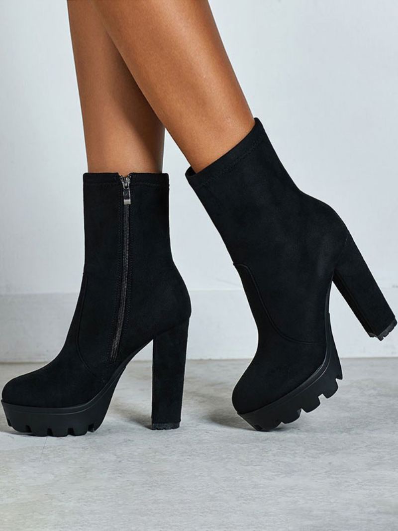 Dame Ankelstøvletter Svart Micro Semsket Rund Toe Chunky Heel High Booties - Sort