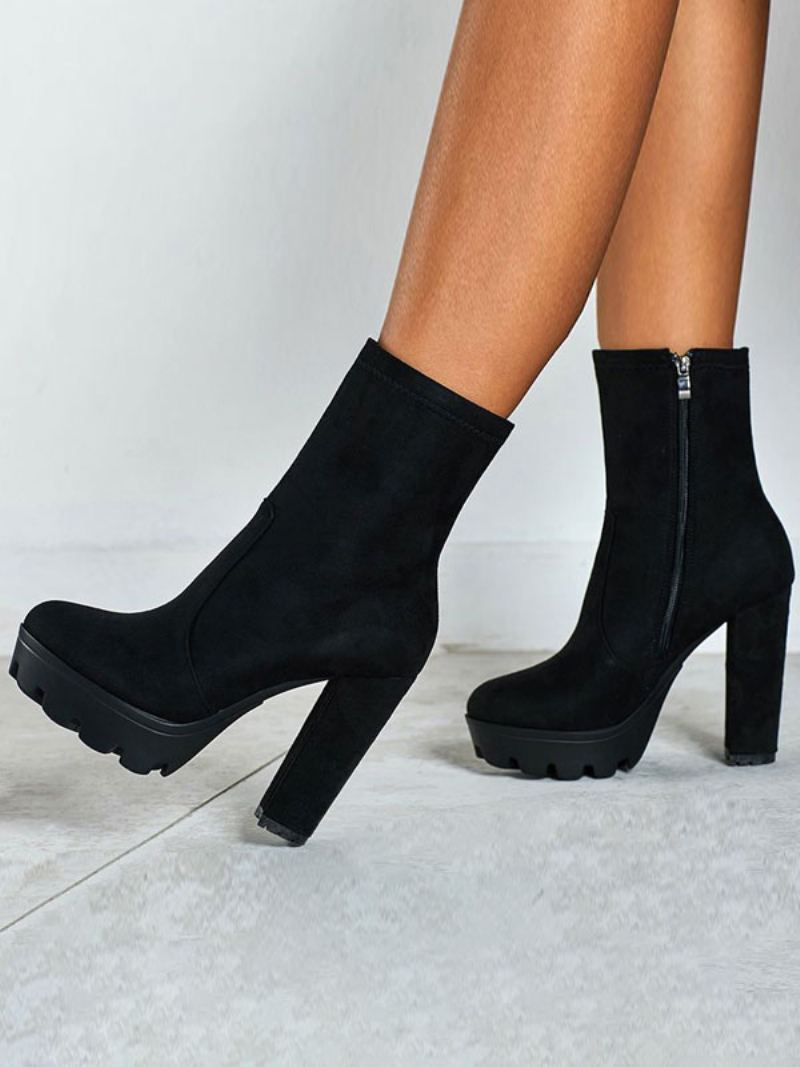 Dame Ankelstøvletter Svart Micro Semsket Rund Toe Chunky Heel High Booties - Sort