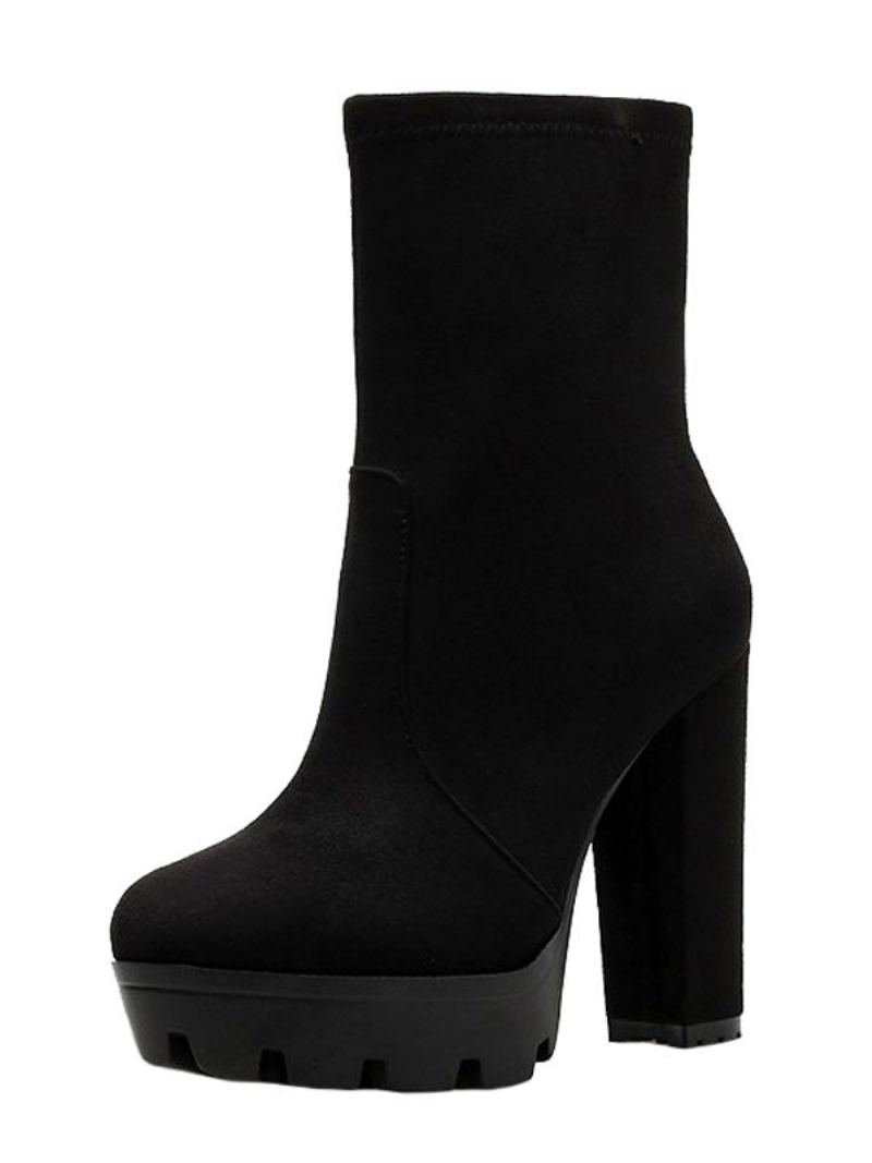 Dame Ankelstøvletter Svart Micro Semsket Rund Toe Chunky Heel High Booties - Sort