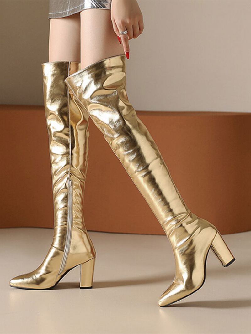 Dame Gold Over Kneet Støvler Metallic Chunky Heel Thigh Høye - Gull