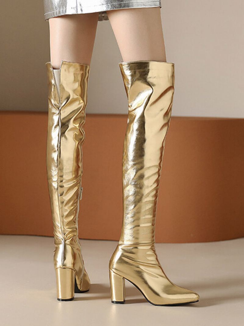 Dame Gold Over Kneet Støvler Metallic Chunky Heel Thigh Høye - Gull