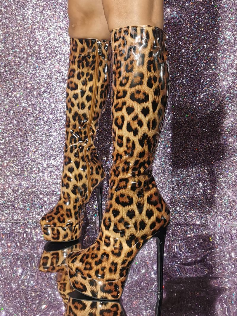 Dame-patent Pu Øvre Stiletthæl-kne-høye Støvler - Leopard