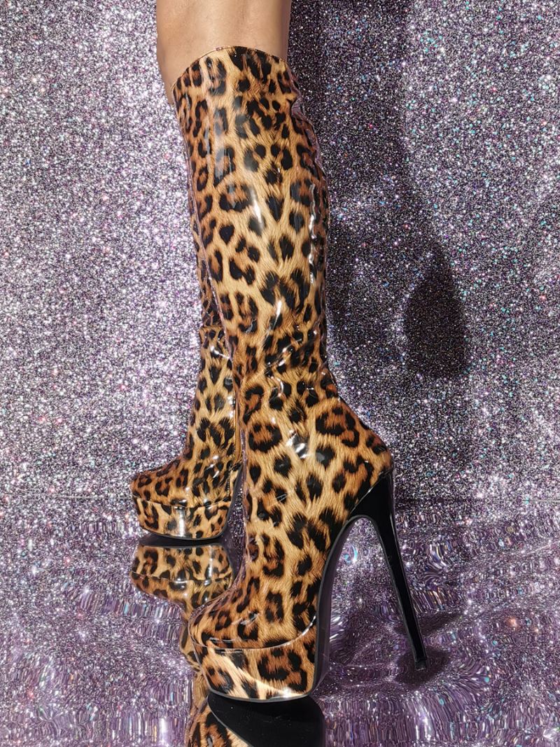 Dame-patent Pu Øvre Stiletthæl-kne-høye Støvler - Leopard