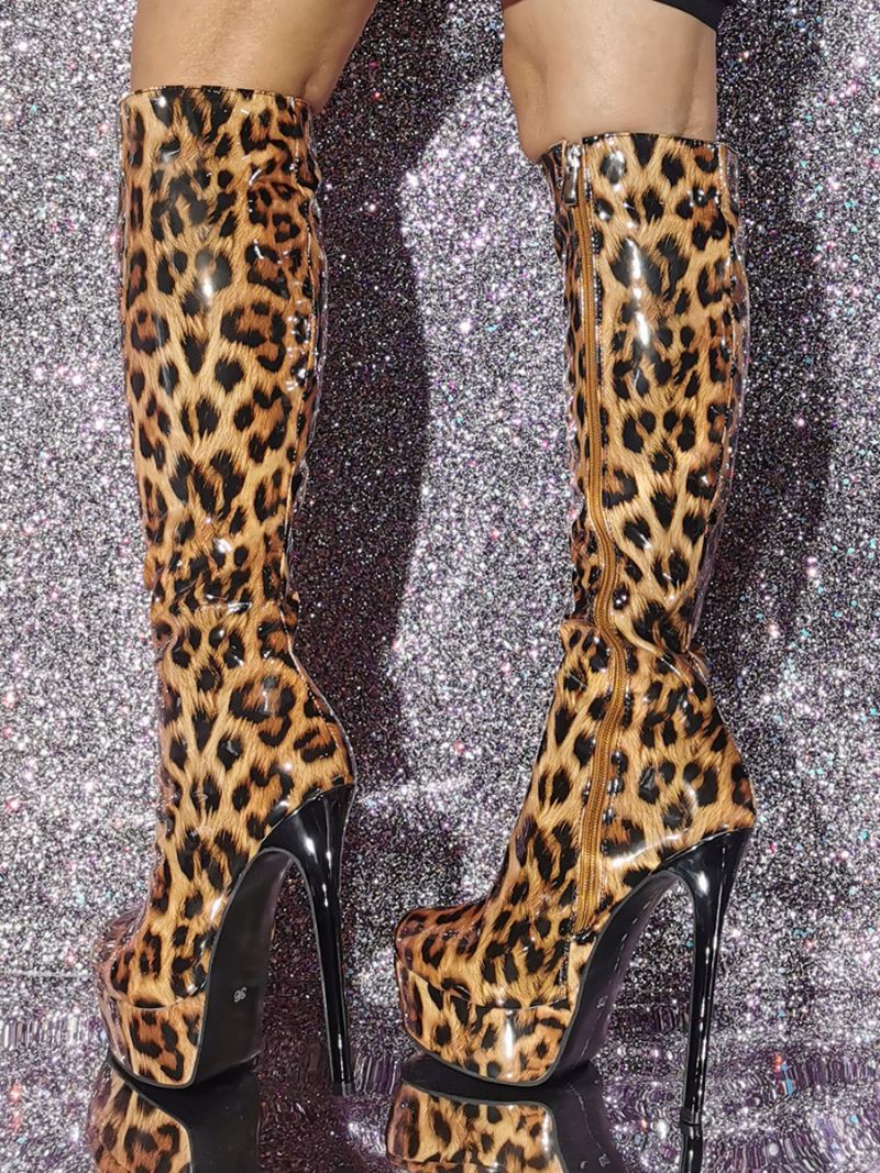 Dame-patent Pu Øvre Stiletthæl-kne-høye Støvler - Leopard