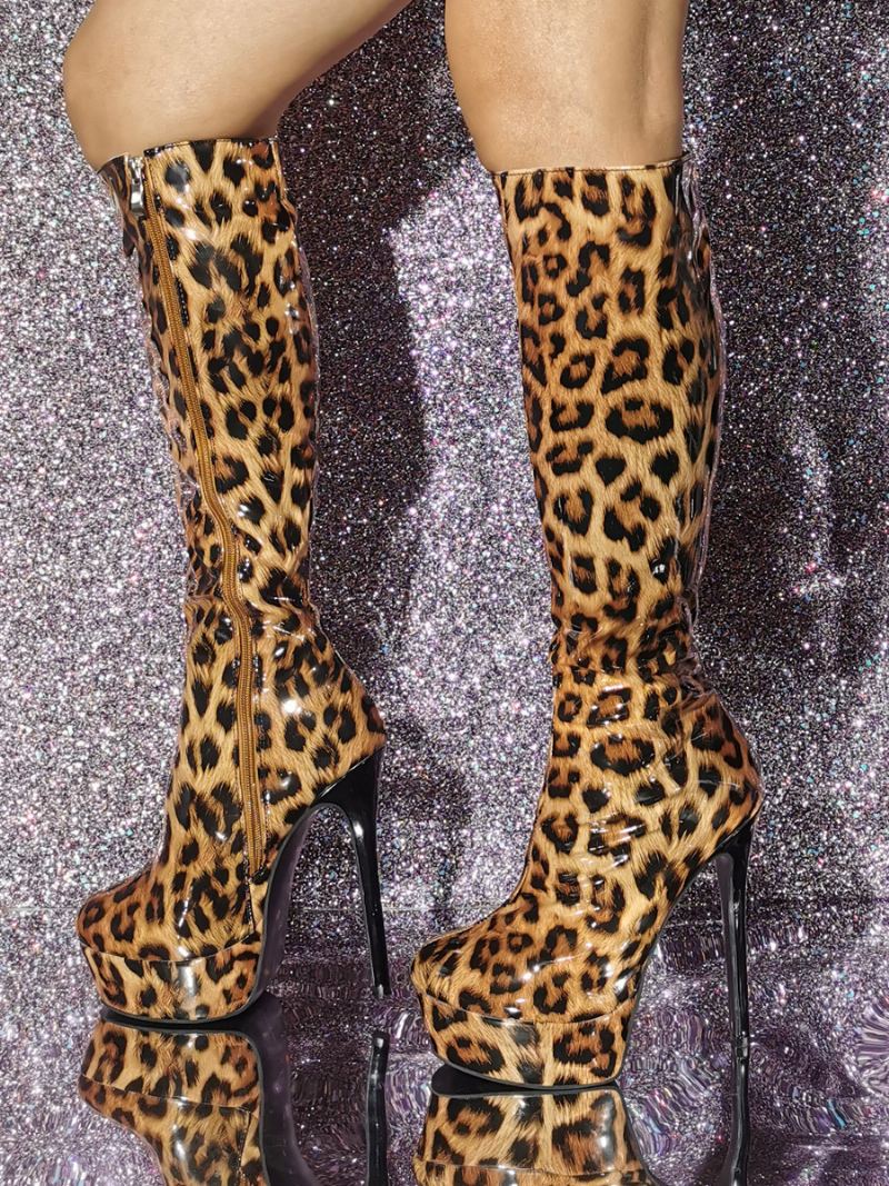 Dame-patent Pu Øvre Stiletthæl-kne-høye Støvler - Leopard