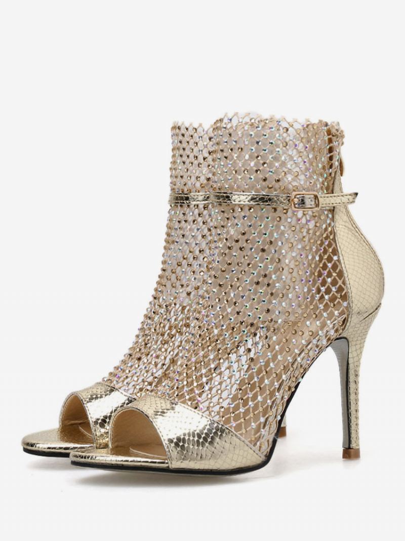 Dame Sandal Booties Gull Peep Toe Rhinestones Sko Med Høye Hæler