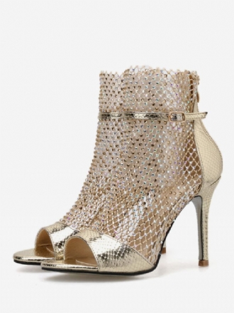 Dame Sandal Booties Gull Peep Toe Rhinestones Sko Med Høye Hæler