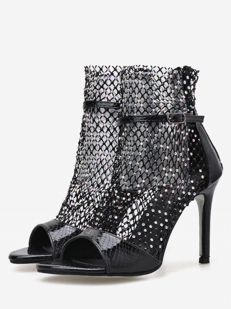 Dame Sandal Booties Gull Peep Toe Rhinestones Sko Med Høye Hæler - Svart