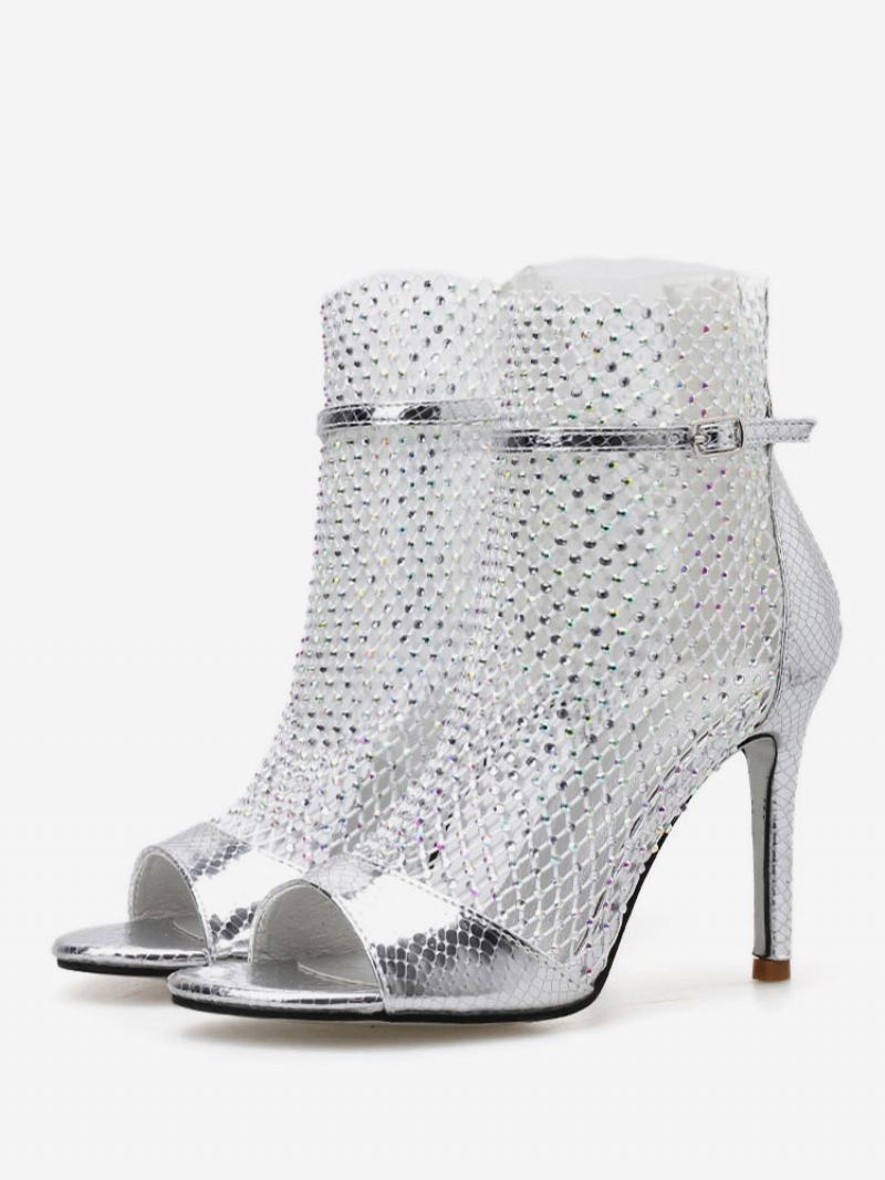 Dame Sandal Booties Gull Peep Toe Rhinestones Sko Med Høye Hæler - Sølv