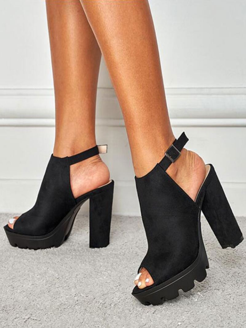 Dame Sommersandaler Chunky Heel Semsket Skinn Sommerrøde Slingback Ankelstøvletter - Sort