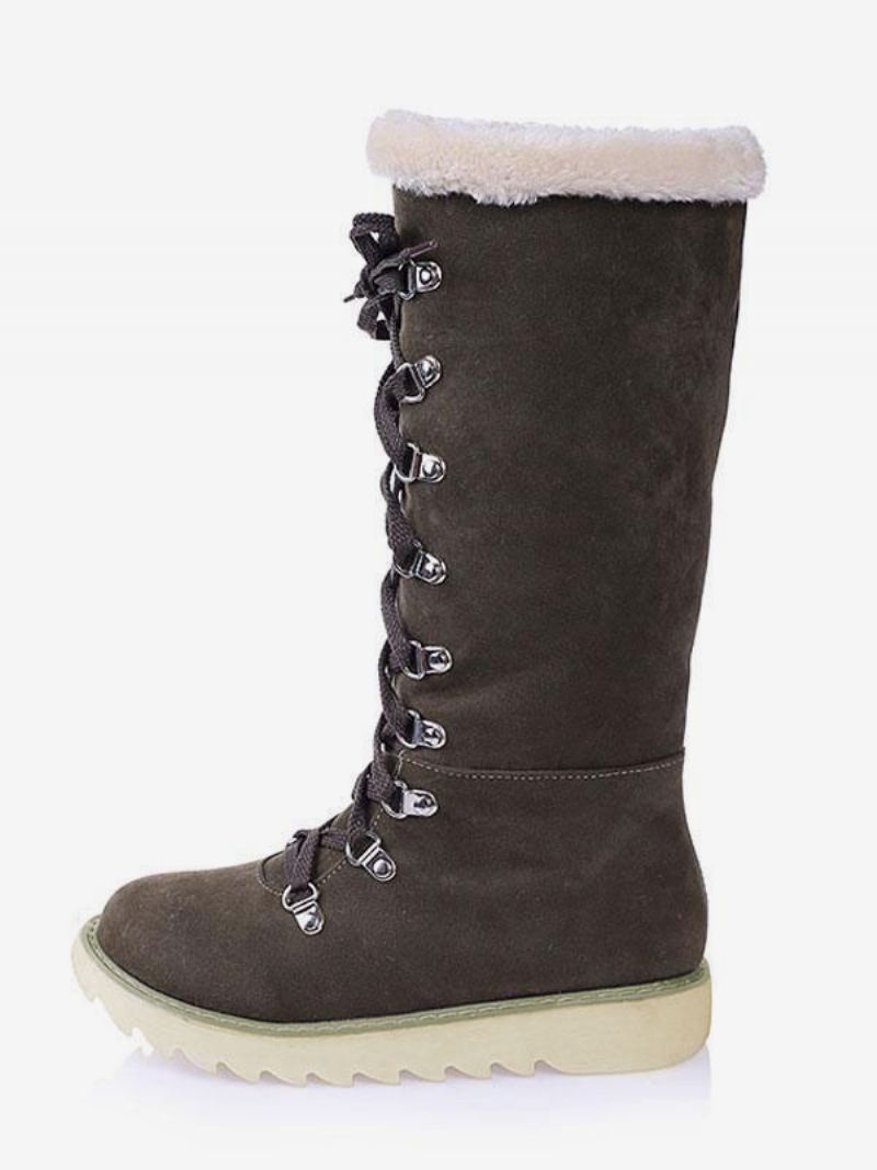 Dame Vinterstøvler Semsket Skinn Ecru Hvit Rund Tå Lace Up Flat Boots - Hunter Green