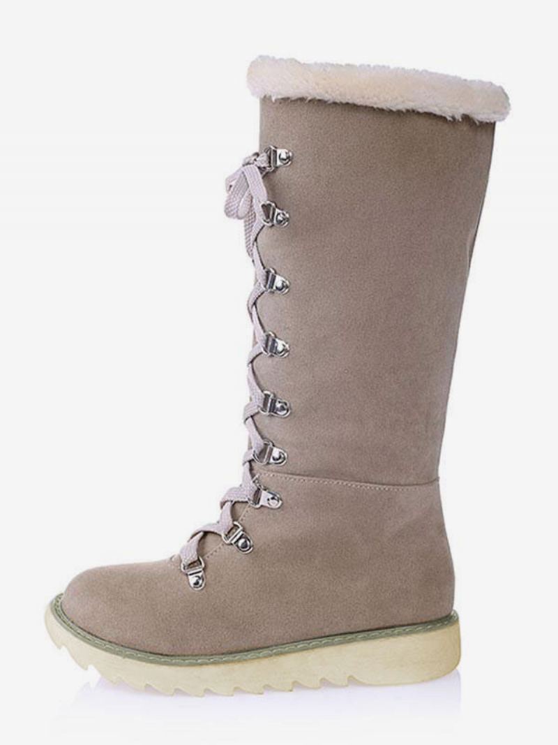 Dame Vinterstøvler Semsket Skinn Ecru Hvit Rund Tå Lace Up Flat Boots - Beige