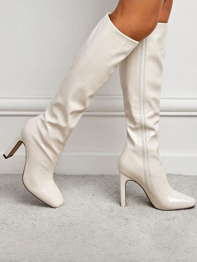 Damestøvler Square Toe Chunky Heel Pu-skinn Hvite Støvler - Hvit