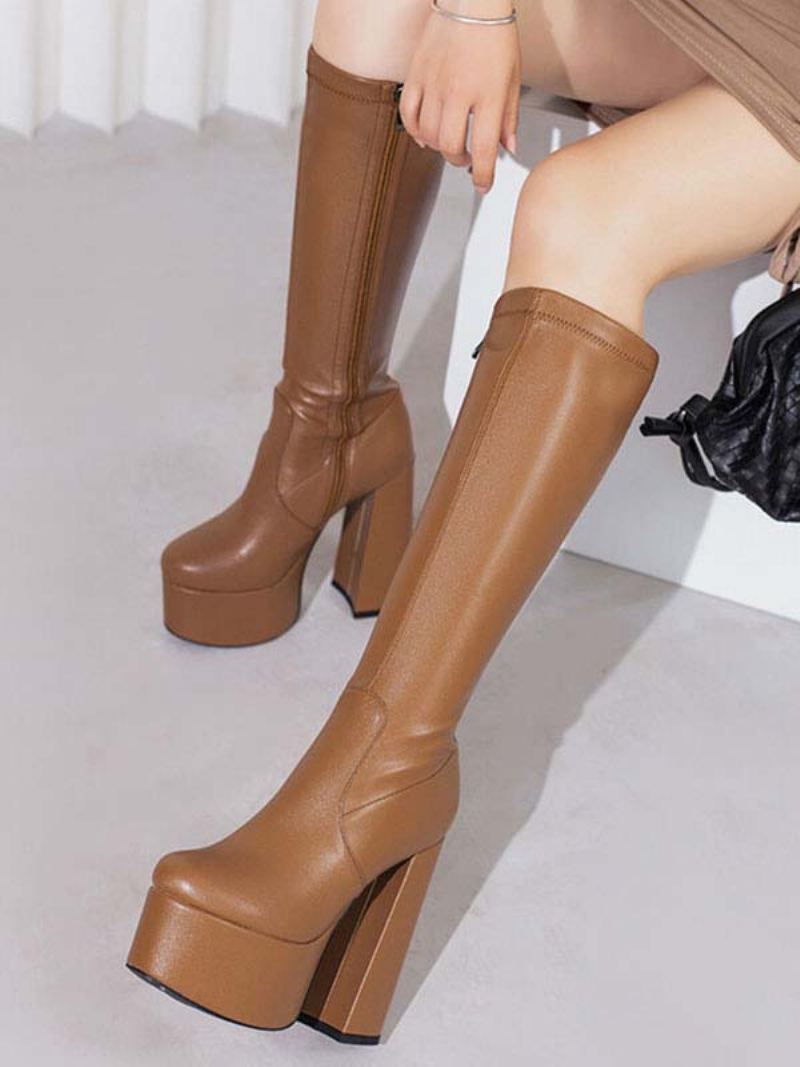 Knehøye Støvletter For Kvinner Plattformsko Chunky Heel Knee Boots