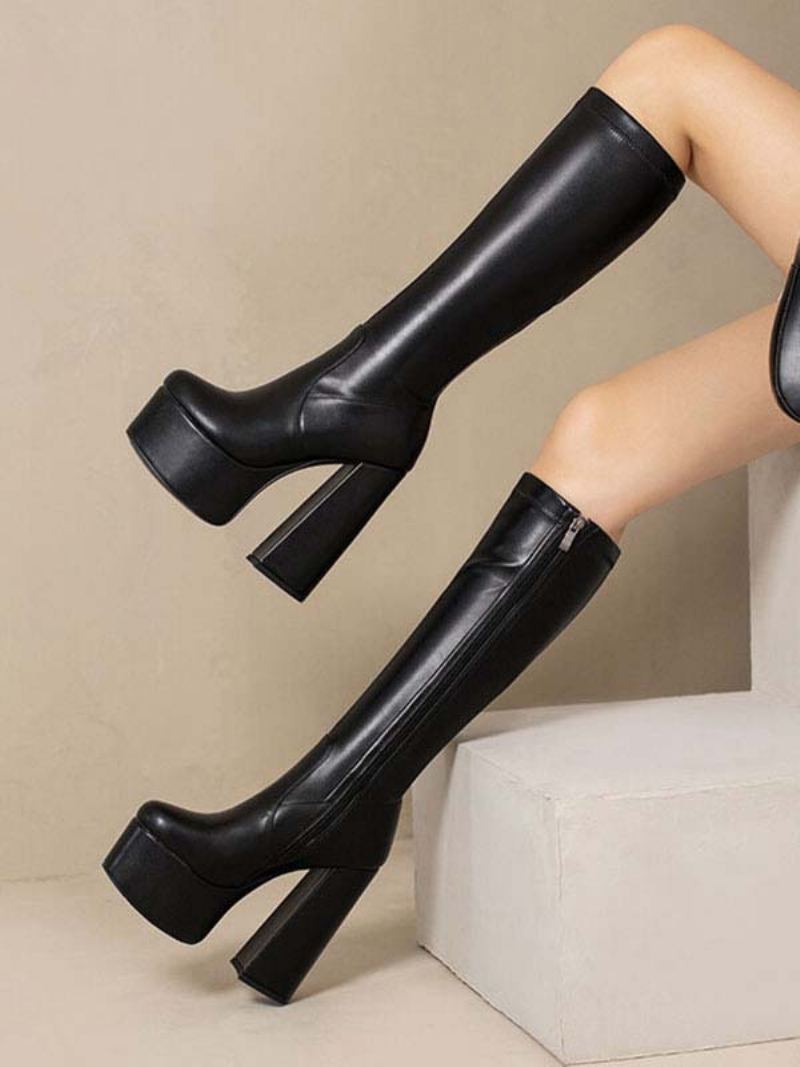 Knehøye Støvletter For Kvinner Plattformsko Chunky Heel Knee Boots - Sort