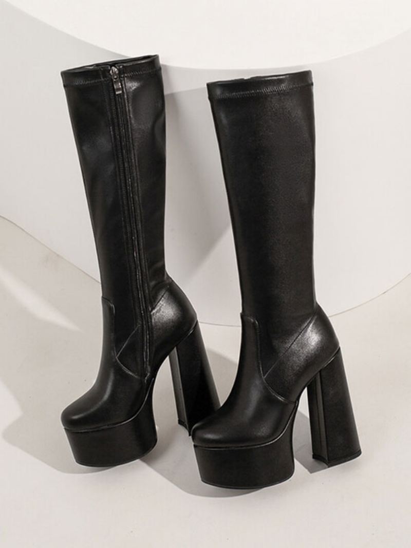 Knehøye Støvletter For Kvinner Plattformsko Chunky Heel Knee Boots - Sort