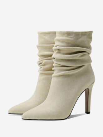 Kvinner Mid Kalv Støvler Ecru White Micro Semsket Øvre Spiss Toe Stiletto Heel Booties