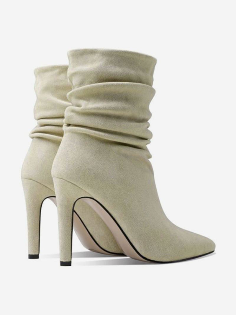 Kvinner Mid Kalv Støvler Ecru White Micro Semsket Øvre Spiss Toe Stiletto Heel Booties - Beige