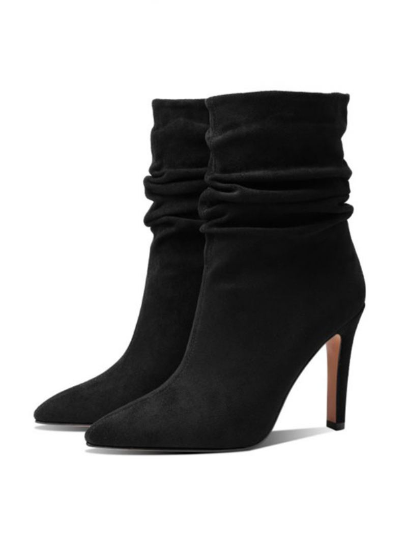 Kvinner Mid Kalv Støvler Ecru White Micro Semsket Øvre Spiss Toe Stiletto Heel Booties - Sort