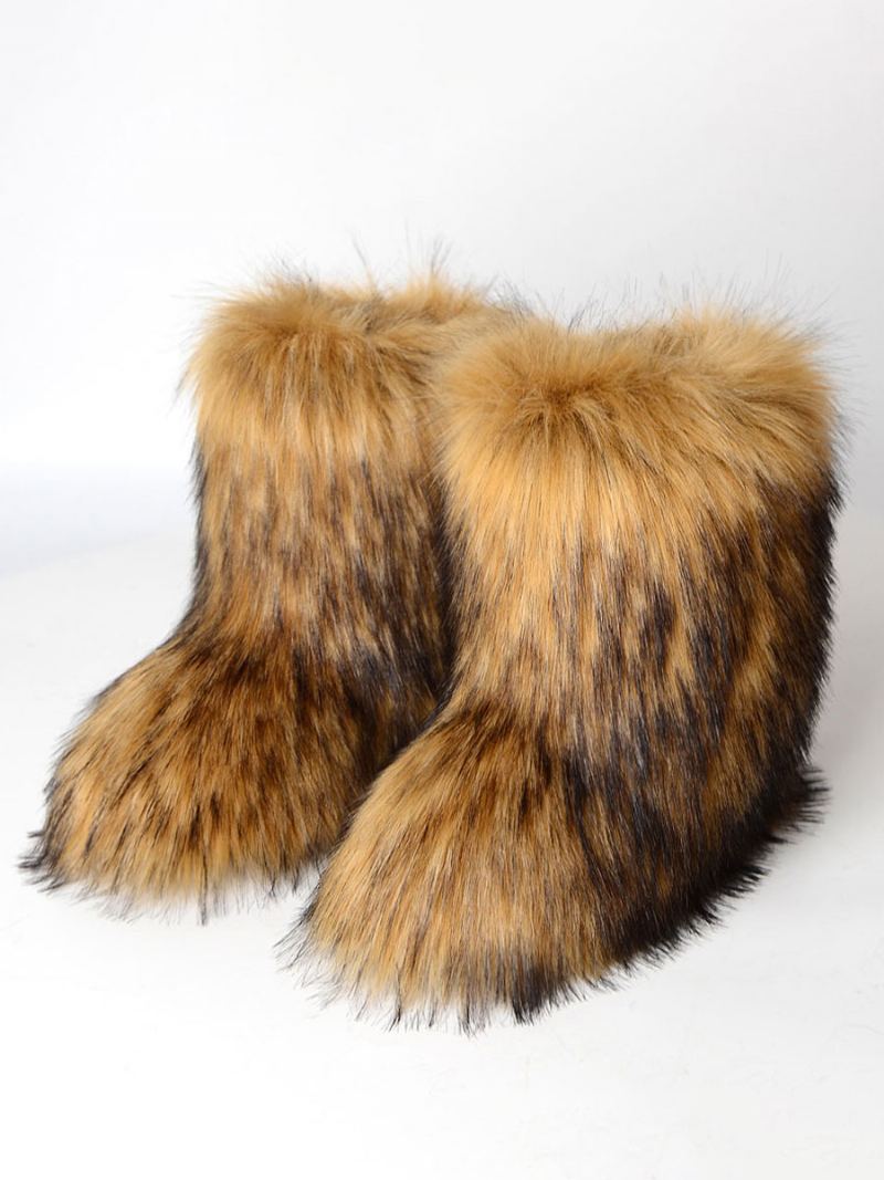 Kvinners Brune Vinterstøvler Faux Fur Detail Rund Toe Paw Bear