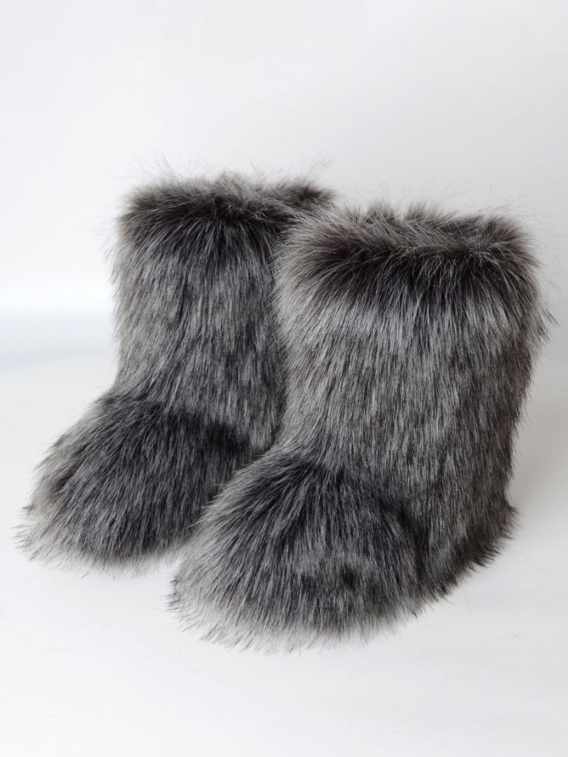 Kvinners Brune Vinterstøvler Faux Fur Detail Rund Toe Paw Bear - Deep Grey