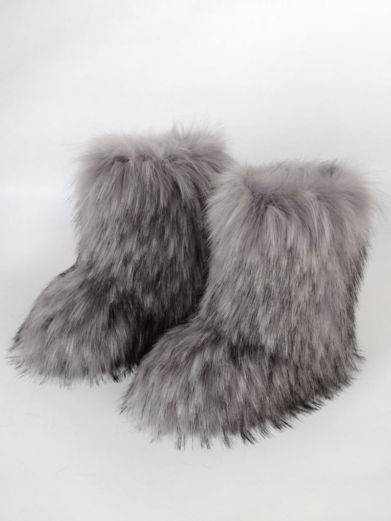 Kvinners Brune Vinterstøvler Faux Fur Detail Rund Toe Paw Bear - Light Grey