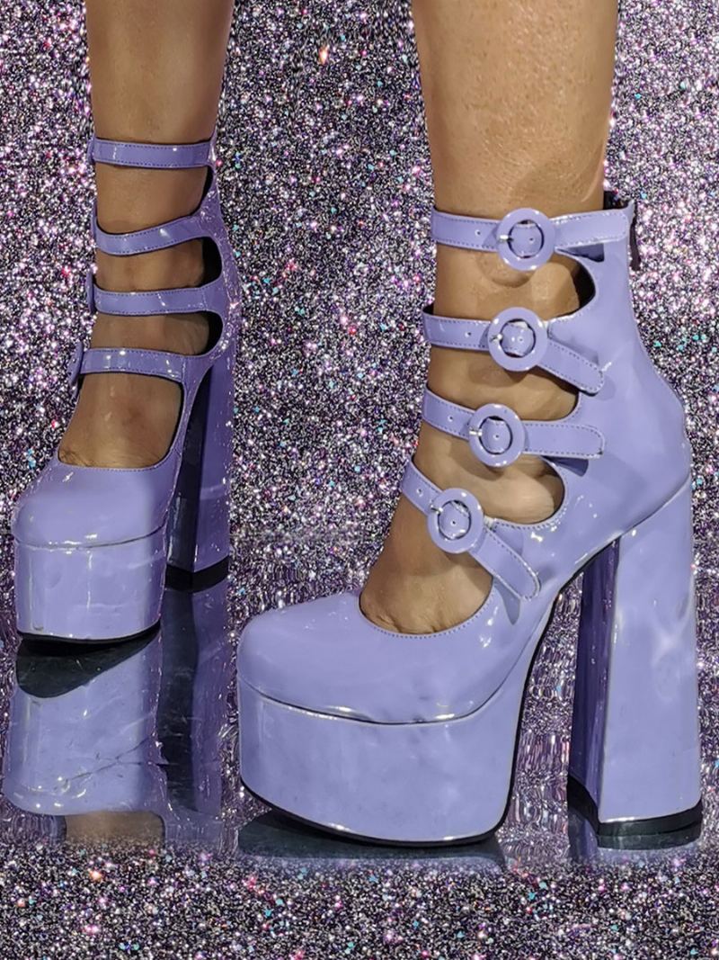 Kvinners Rosa Høye Hæler Plattformspenne Detalj Cut Out Block Heel Booties - Lavendel