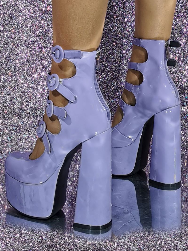 Kvinners Rosa Høye Hæler Plattformspenne Detalj Cut Out Block Heel Booties - Lavendel