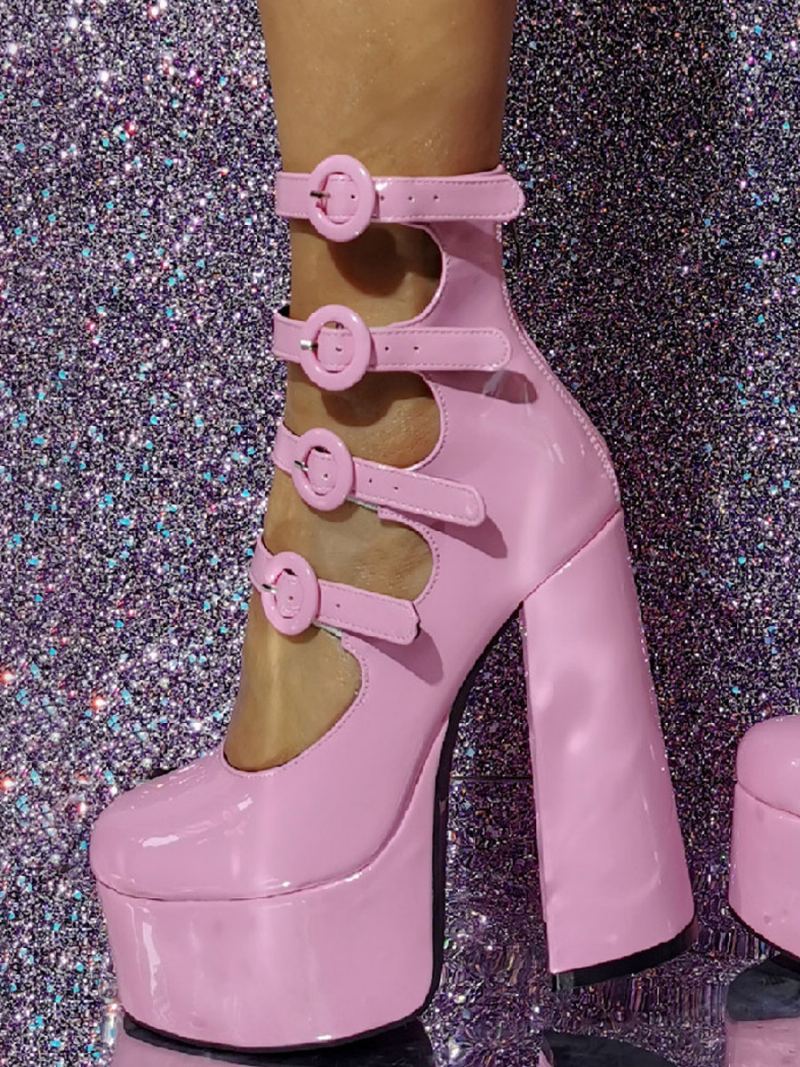 Kvinners Rosa Høye Hæler Plattformspenne Detalj Cut Out Block Heel Booties - Lyserosa