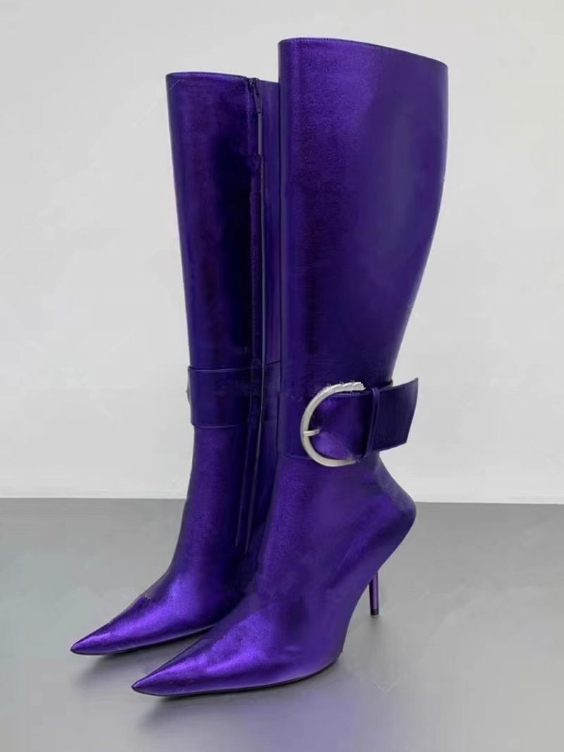 Metallic Mid Kalv Støvler Dame Lilla Spenne Spiss Stiletto Hælstøvler - Royal Purple