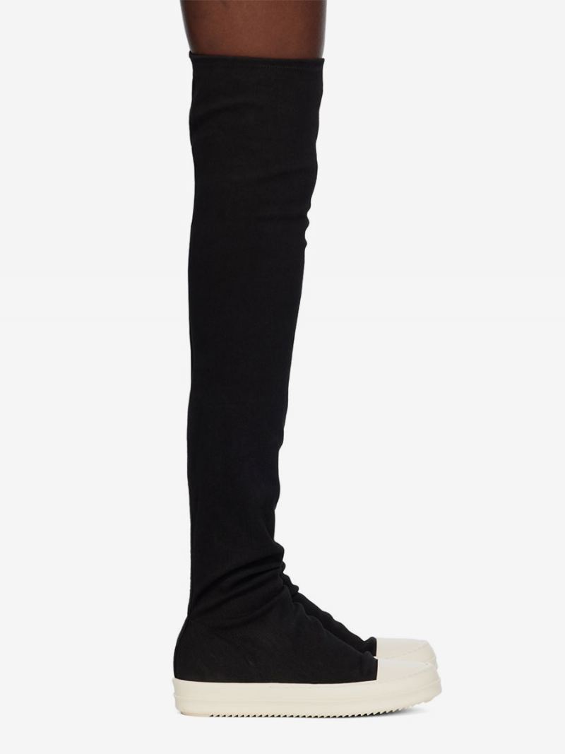 Over Kneet Støvler Dame Rund Toe Strømpe Ruched Thigh High Sneakers - Beige