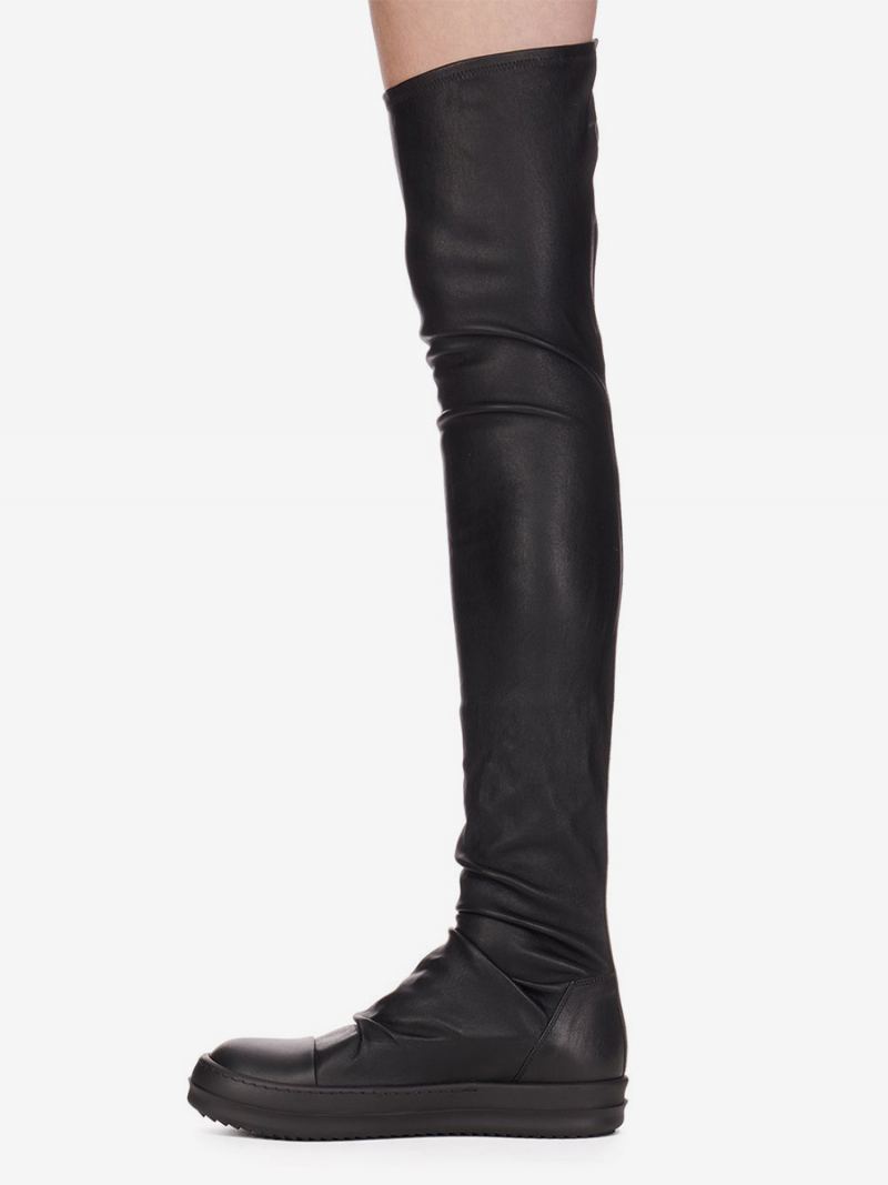 Over Kneet Støvler Dame Rund Toe Strømpe Ruched Thigh High Sneakers - Sort